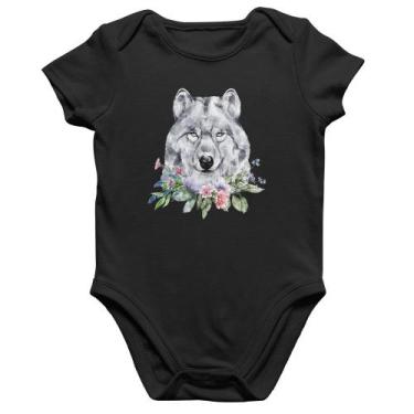 Imagem de Body Bebê Algodão Lobo e Flores - Foca na Moda, Preto, P