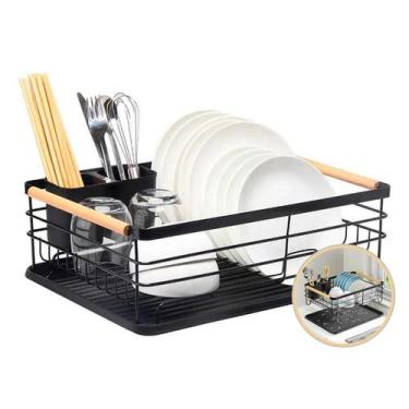 Imagem de Escorredor De Pratos Moderno Alça Acabamento Em Madeira Bandeja Removí