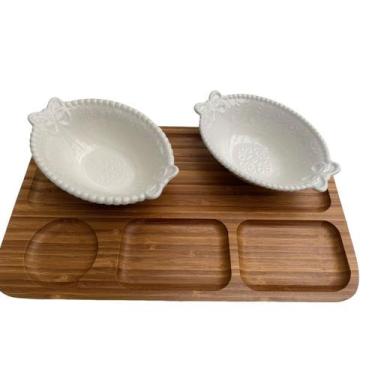 Imagem de Petisqueira de bambu 4 espaços e 2 cumbucas porcelana Oval - Utensilio