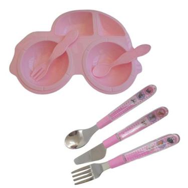 Imagem de Pratinho De Carro Plástico E Jogo De Talher Inox Infantil - CRB, Rosa