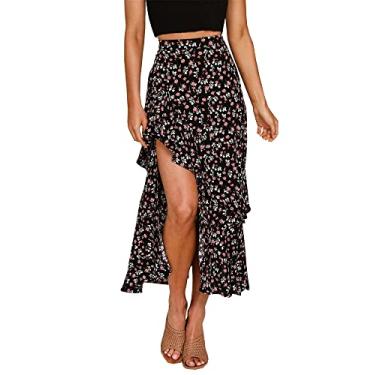 Imagem de BTFBM Saia maxi feminina 2024 verão primavera boho longo estampa floral cintura elástica fenda babados alta baixa praia maxi saia, Z - preto, G