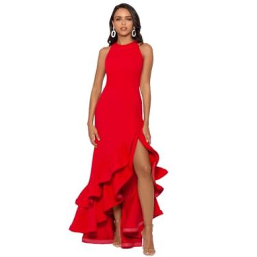 Imagem de Betsy & Adam Vestido feminino longo frente única com babados em camadas, Vermelho, 48