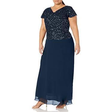 Imagem de J Kara Vestido feminino curto longo com contas e gola drapeada e manga esvoaçante, Azul marinho/sombreado, 46