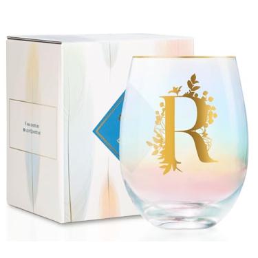 Imagem de Onebttl Presentes de vinho personalizados para mulheres, taça de vinho sem haste fofa com iniciais, presentes de monograma para amantes de vinho em aniversários de Natal, R