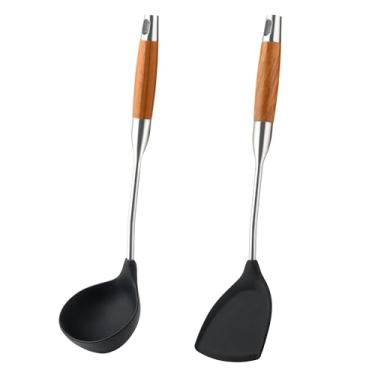 Imagem de FJNATINH Utensílios de cozinha – espátula, concha, colher de escumadeira, espátula com fenda, aço inoxidável nogueira (aço inoxidável nogueira -2 peças)
