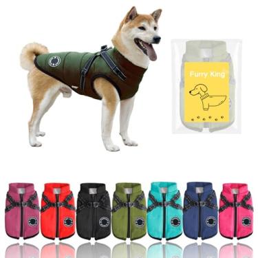 Imagem de Casaco de inverno Furry King Dog com arnês, 7 cores, impermeável, forrado com lã. (verde, 5GG)