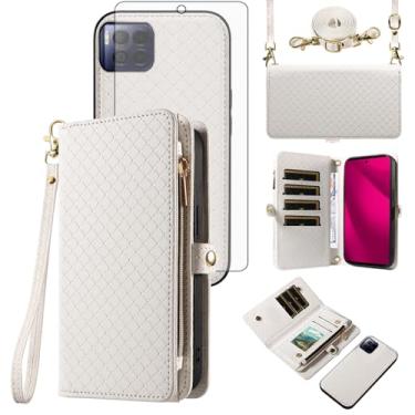 Imagem de Asuwish Capa para celular T-Mobile Revvl 7 Pro 5G com zíper carteira destacável com protetor de tela de vidro temperado alça flip porta-cartões Tmobile T Mobile Revel Tmo Revell Rebel feminina branca