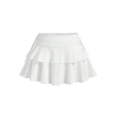 Imagem de OYOANGLE Saia curta feminina plus size cintura alta nó lateral bainha em camadas Y2K A Line Ruffle Saias, Branco, GG