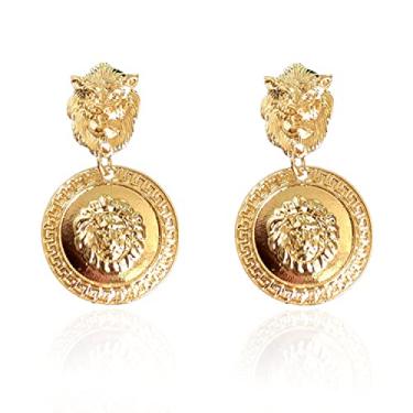 Imagem de KaFu Brincos de cabeça de leão, moeda grande, círculo, ouro, barroco, animal, vintage, anos 80, presente delicado para mulheres e meninas, 1.18 inches, Metal