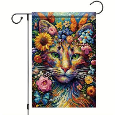 Imagem de Starlit Patio Welcome Spring Cat Garden Flags for Outside Summer Spring Floral Flower Butterfly Kitten Garden Flags 30,5 x 45,7 cm Decoração sazonal dupla face bandeira de quintal de boas-vindas para