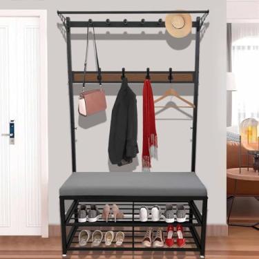 Imagem de Cabideiro, árvore de corredor com banco de sapatos, armazenamento de sapatos de entrada com suporte para casacos, 10 ganchos móveis, armazenamento de sapatos de entrada com suporte de casaco, para