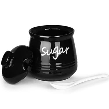 Imagem de HAOTOP Açucareiro de 340 g com tampa e colher, pote de açúcar de cerâmica, dispensador de açúcar, recipiente de açúcar, acessórios de barra de café, recipientes de bancada de cozinha, preto