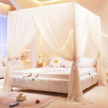 Imagem de Akiky Cortinas De Cama De Dossel De Princesa 4 Cantos Poste Mosquiteiro - Rede De Cortina Aconchegante 4 Aberturas Cama Dossel Cortina Para Meninas Cama Meninos Adultos (King, Bege)