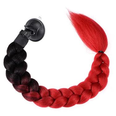 Imagem de F FIERCE CYCLE Decoração de capacete rabo-de-cavalo gradiente trança cabelo com ventosa 58 cm para capacete de motocicleta scooter vermelho e preto