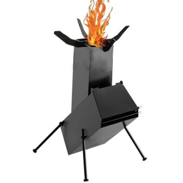 Imagem de Fogão foguete portátil, mini fogão a lenha, fogão de acampamento de aço carbono, fogão de acampamento de fogo para cozinhar, pequeno fogão a lenha ao ar livre, viagem autônoma, passeio curto