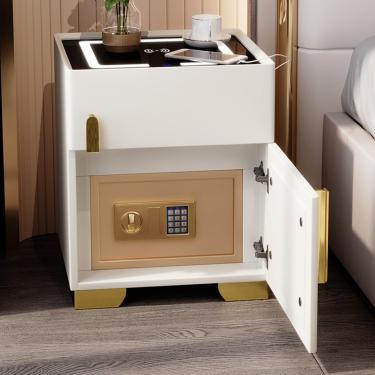 Imagem de Mesa de cabeceira inteligente com carregamento seguro e bancada, mesa de cabeceira para quarto com portas USB, mesa de cabeceira com luz LED de 3 cores, tampo de vidro temperado, branco 1 peça