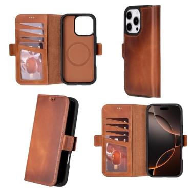 Imagem de Bayelon Capa carteira de couro para iPhone 16 Pro de 6,3 polegadas - capa flip para cartão, capa carteira para iPhone 16 Pro, capa fólio, suporte, RFID compatível com MagSafe, capa de couro real para