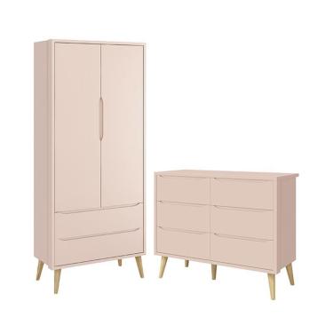 Imagem de Jogo de Quarto Infantil Theo Guarda Roupa 2 Portas e Cômoda 6 Gavetas com Pés Madeira Natural - Reller Móveis Rosa Fosco