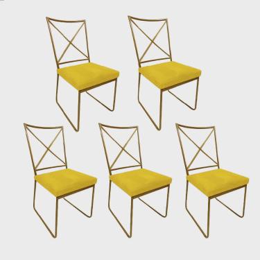 Imagem de Kit 05 Cadeiras Sala de Jantar Escritório Office Clark Industrial Ferro Dourado Corino Amarelo - Ahz Móveis