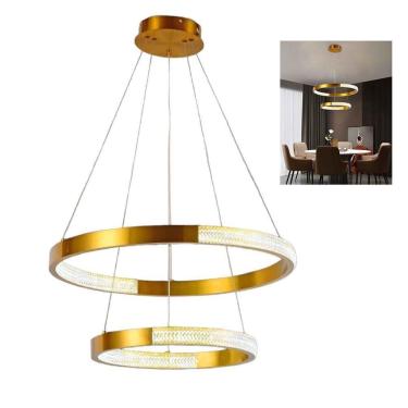 Imagem de Lustre Pendente 2 Aneis Arco Cristal Dourado Luminaria 52w Led Iluminaçao Ambiente Sala De Estar