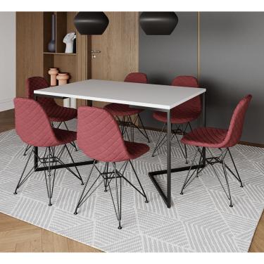 Imagem de Mesa Jantar Industrial Branca 137x90cm Base V com 6 Cadeiras Estofadas Vermelhas Eiffel Aço Preto