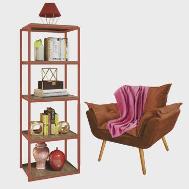 Imagem de Kit Poltrona Fatte com Manta Soft e Estante Livreiro Ferro Bronze mdf Rústico Suede Ter...