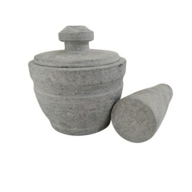 Imagem de Pilão Em Pedra Sabão Para Alho Temperos Resistente Com Tampa