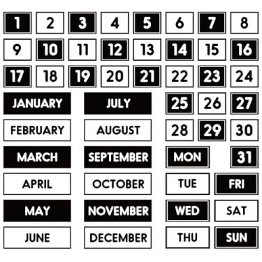 Imagem de JarThenaAMCS 50 peças de calendário magnético preto branco para geladeira meses dias da semana números ímãs indicadores de data para casa, escritório, sala de aula, quadro branco, suprimentos de