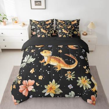 Imagem de Conjunto de cama completo de 7 peças de dragão barbudo, desenho animado de animais répteis, cacto, flores botânicas, rústico, retrô (edredom + lençol de cima + 2 fronhas + 2 fronhas de travesseiro)