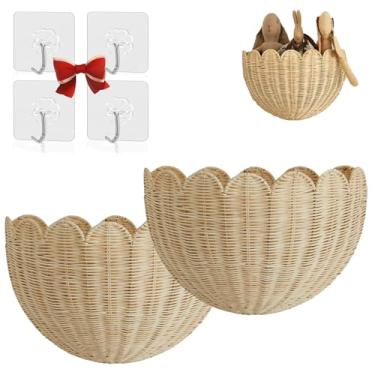 Imagem de Cesta de parede recortada, organizador de armazenamento de estilo nórdico de vime indonésio natural, decoração de casa pendurada para decoração de casa, simplicidade moderna com dois ganchos fortes