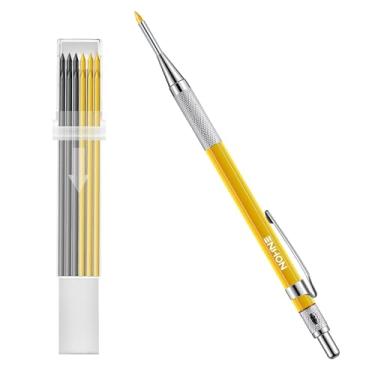 Imagem de Enhon Conjunto de lápis de carpinteiro mecânico de 2 mm com 12 refis e apontadores de marcação, ferramenta de marcação de madeira sólida com furo profundo, ponta de agulha estendida para uso em trabalhos (preto, amarelo)