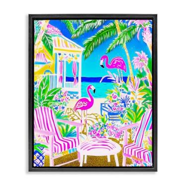 Imagem de Stupell Industries Arte de parede em tela flutuante com moldura preta de flamingos vívidos na praia tropical, design de Jess Stempel, 64 x 78 cm