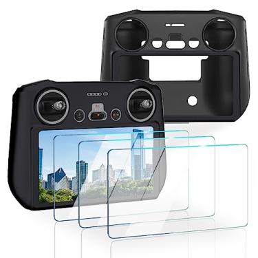 Imagem de SHUAXI Protetor de tela (3 + 1 pacote) compatível com controle remoto DJI Mini 3/Mini 3 Pro/Mavic 3 RC, filme de vidro temperado de alta definição cobertura total e capa de silicone