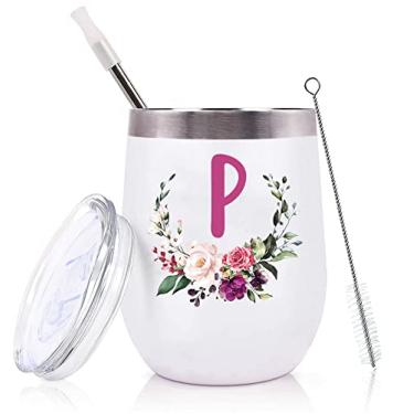 Imagem de PFL Presentes de casamento para dama de honra da noiva Presentes de despedida de solteira - Damas de honra de chá de noiva melhores amigas irmã -340 g feminino monograma copo de vinho caneca de café copo de vidro - letra P