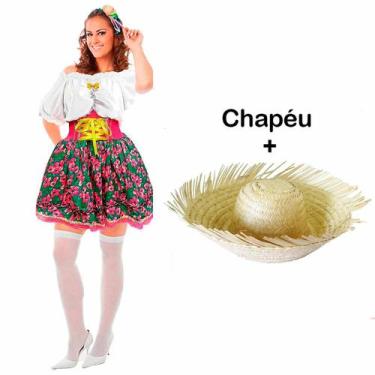 Imagem de Vestido Caipira Feminino Adulto Festa Junina de Luxo + Chapéu - Fantas