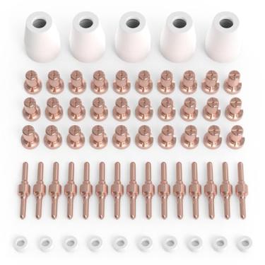 Imagem de TOOLIOM 60 peças de consumíveis de tocha de cortador de plasma PT31 acessórios pontas de eletrodo bicos copos kit serve para CUT40 CUT50 com tocha de corte de plasma PT31 LG40
