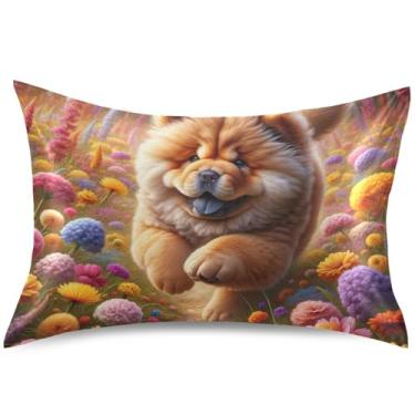 Imagem de Fronha de cetim para cachorro Chow Chow floral primavera para resfriamento de cabelo, capa de almofada padrão Queen King, estampa artística para cama, tamanho padrão, 66 cm x 50 cm