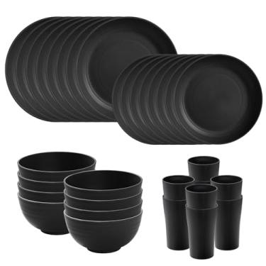 Imagem de SANLUNS Conjunto de louça de plástico de palha de trigo de 32 peças, serviço para 8, conjunto de pratos modernos inquebráveis - prato de jantar/pratos de sobremesa/tigela de cereal/xícara, para