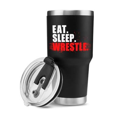 Imagem de Panvola Eat Sleep Wrestle Wrestling Gifts Sports Wrestlers Copo isolado a vácuo Caneca de viagem de aço inoxidável com tampa removível e canudo (preto, 850 g)