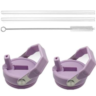 Imagem de Pacote com 2 tampas de copo de substituição compatíveis com Stanley IceFlow 590 ml (apenas tampa de canudo), 2 canudos reutilizáveis, 1 escova de limpeza (roxa)