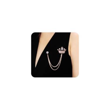 Imagem de Broche de corrente de pendurar coroa de strass prata para homens mulheres vintage ouro cristal coroa broche broche CZ borla lapela alfinetes terno roupas festa acessórios, Large, Metal, Sem Pedra