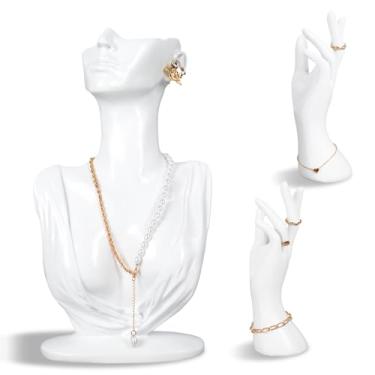 Imagem de FYSUIMU Conjunto de exibição de manequim de joias de resina, 3 peças, colar branco, brinco, suporte de pulseira, anel de mão, suporte para exibição de loja, decoração de casa