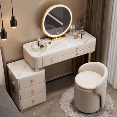 Imagem de Penteadeira De Maquiagem Com Espelho Iluminado Por Led Touch - Penteadeira Com 3 Modos De Iluminação De Cores, 3 Gavetas, Armário De Armazenamento E Estação De Carregamento, Beige 2, 120cm/47.2in