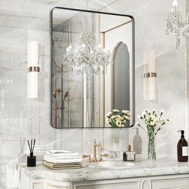 Imagem de Fun Memories Espelho de banheiro preto 71 x 91 cm, espelho grande com moldura preta de metal, espelho de parede moderno para banheiro, vidro temperado, espelho de fazenda, horizontal ou verticalmente