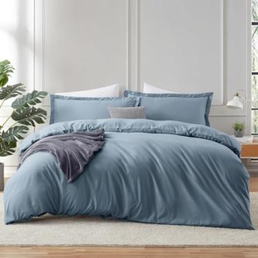 Imagem de Hearth & Harbor Capa de edredom azul pedra com lençol king size – Conjunto de cama macio de 4 peças, inclui 1 capa de edredom com fecho de botão, 1 lençol com elástico, 2 fronhas