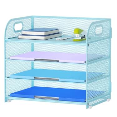 Imagem de Marbrasse Bandeja organizadora de papel de 4 camadas – organizador de arquivos de mesa de malha com alça, organizador de papel para suporte de pasta de arquivos de escritório (azul, 32 x 23 x 27 cm)