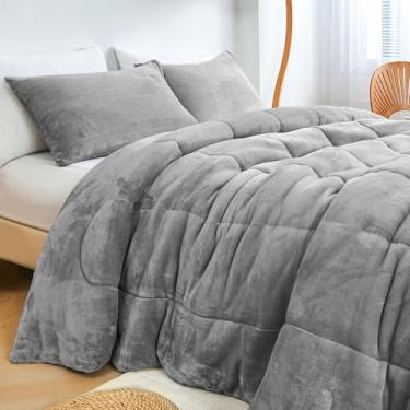 Imagem de HCORA Conjunto de edredom King Size de pele sintética – edredom de veludo de pelúcia fofa, ultraaconchegante, 3 peças, reversível, macio e felpudo, para o inverno, sem queda (228 x 264 cm, cinza