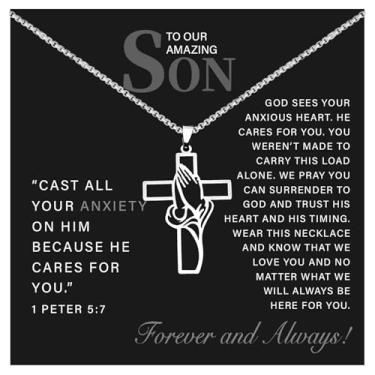 Imagem de 72ore Colar To My Son from Dad Colar com cruz de prata para homens, pingente de cruz cristã, corrente de aço inoxidável, presentes de aniversário inspiradores para filho da mãe, Sem Pedra Preciosa