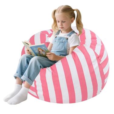 Imagem de COMAX Cadeira de pufe para crianças, cadeira de pufe infantil, fofa, cadeira preguiçosa de lona de algodão com enchimento de espuma desfiada, sofá de chão de enchimento para meninos e meninas, rosa