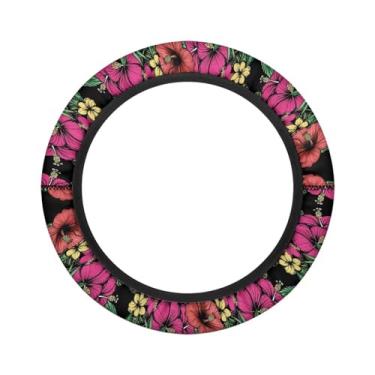 Imagem de Knextrepoy Capa de volante para carrinho de golfe flores tropicais hibisco 33-35 cm capas de volante para carrinho de golfe ajuste universal esticável acessórios de carro clube resfriamento no verão